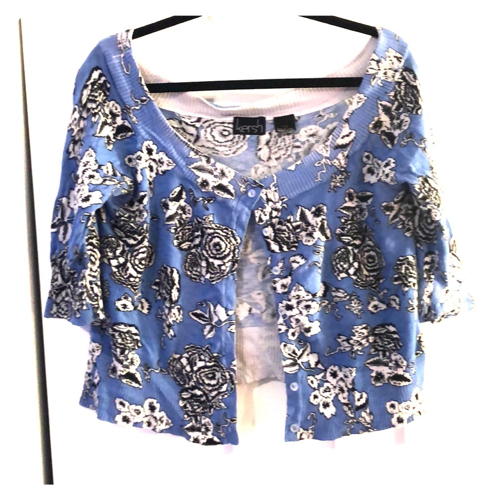 3/4 sleeve cropped floral cardigan sweater